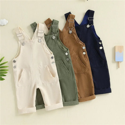 Combinaison pantalon à bretelles unisexe pour bébé de 0 à 24 mois avec boutons, couleur unie, pour tout-petits garçons et filles