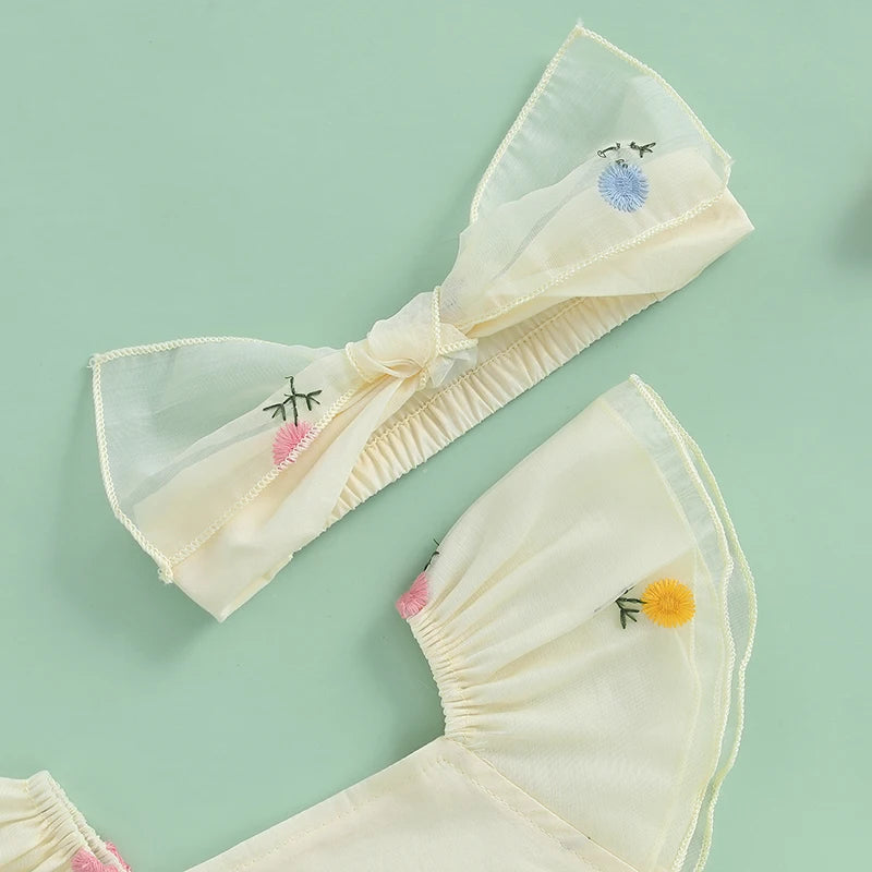 Vêtements pour nouveau-nés et nourrissons, barboteuse d'été pour bébés filles, manches volantées, broderie florale, combinaison avec bandeau