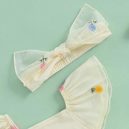 Vêtements pour nouveau-nés et nourrissons, barboteuse d'été pour bébés filles, manches volantées, broderie florale, combinaison avec bandeau