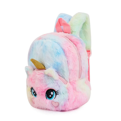 Girls and Boys Kindergarten Shoulders Bags Children's Cartoon Unicorn Plush Big Eyed Backpack Children's Colorful Plush Backpack