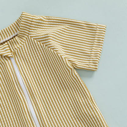 Maillots de bain d'été pour bébés garçons, imprimés rayés, fermeture éclair, col rond, manches courtes, combinaisons anti-éruption cutanée, chapeaux, maillots de bain