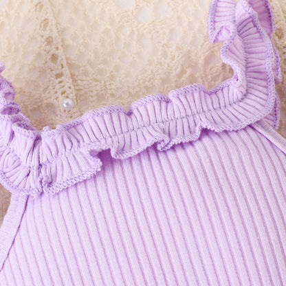 Ensemble 3 pièces d'été pour bébé fille de 0 à 2 ans, robe licou violette douce et confortable, décontractée et légère + short imprimé arc-en-ciel