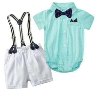 Ensemble de vêtements pour nouveau-né garçon, couleur unie, avec nœud, costume formel pour tout-petits, barboteuse bleu ciel d'été + short blanc, vêtements pour bébé