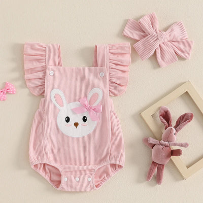 Barboteuse pour bébé fille, vêtements de Pâques, broderie lapin, manches volantées, body pour bébé, combinaisons avec bandeau