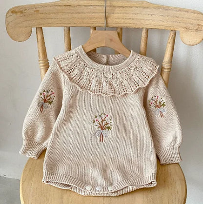 Body tricoté pour nouveau-né fille, couleur unie, ajouré, manches longues, automne, printemps, combinaison tricotée pour bébé fille
