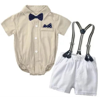Ensemble de vêtements pour nouveau-né garçon, couleur unie, avec nœud, costume formel pour tout-petits, barboteuse bleu ciel d'été + short blanc, vêtements pour bébé