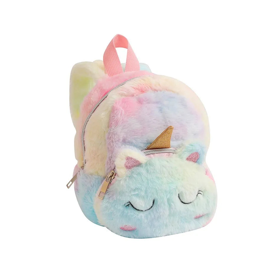 Girls and Boys Kindergarten Shoulders Bags Children's Cartoon Unicorn Plush Big Eyed Backpack Children's Colorful Plush Backpack
