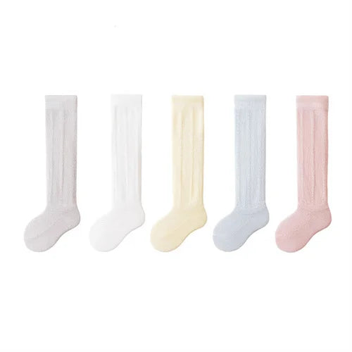 Lot de 5 paires de chaussettes longues ajourées pour bébé, en maille respirante, en coton, princesse, sans os, montantes, fines, pour nouveau-né, de 0 à 2 ans