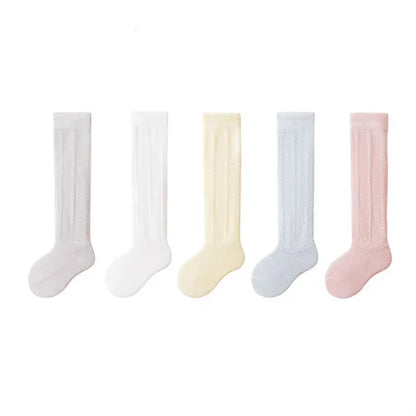 Lot de 5 paires de chaussettes longues ajourées pour bébé, en maille respirante, en coton, princesse, sans os, montantes, fines, pour nouveau-né, de 0 à 2 ans
