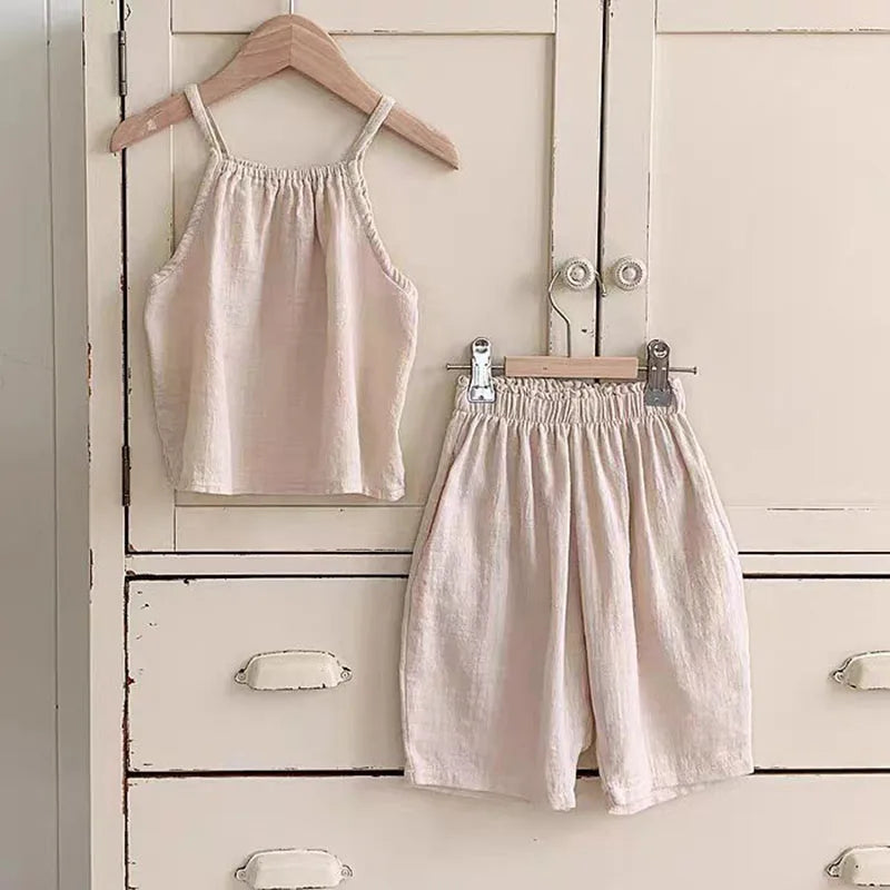 TZ2443 Bébé fille été nouveau design simple coton et lin couleur unie haut ample pantalon large vacances décontracté deux pièces