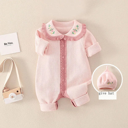 Barboteuse tricotée en coton à manches longues pour nouveau-né fille, col brodé, combinaison pour bébé fille, automne-hiver 2024