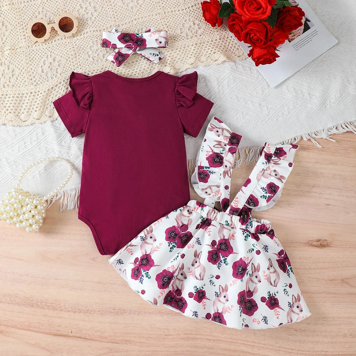 Ensemble d'été pour bébé fille, combinaison couleur unie, jupe à bretelles imprimée lapin et bandeau, pour bébés filles de 0 à 18 mois