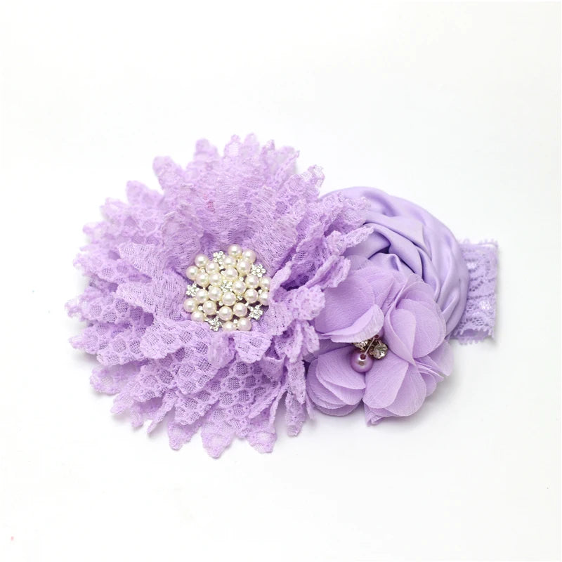 Baby Birthday Headband Photo Props Headwear Chiffon Flower with Diamond Lace Wide Headband for Baby Girls Headwrap Infant Turban