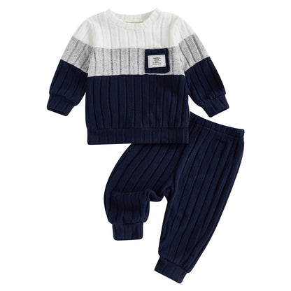 VISgogo Ensemble de vêtements 2 pièces pour garçons de 0 à 3 ans, pull à manches longues et col rond, couleur unie, pantalon