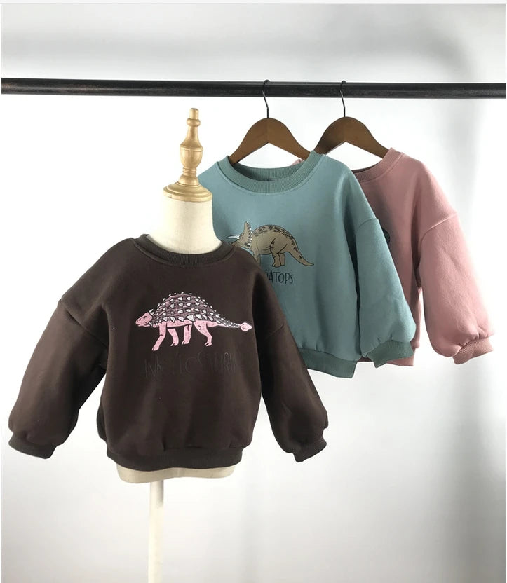 Winter Baby Girls Boys Fleece Velvet Warm Long Sleeve Tops Spring Kids Sweatershirt Dinosaur Print Hoodies