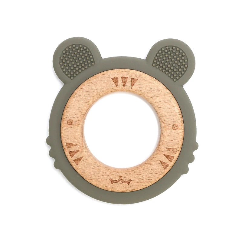 1 anneau de dentition en silicone pour bébé, sans BPA, mignon, dessin animé, pendentif tigre, jouet de dentition, anneau en bois, accessoires à mâcher, jouets pour bébé