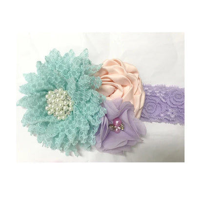 Baby Birthday Headband Photo Props Headwear Chiffon Flower with Diamond Lace Wide Headband for Baby Girls Headwrap Infant Turban