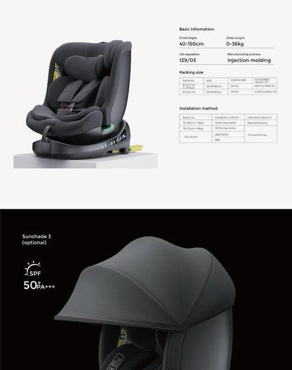 Child Seat 360° Baby Car Seat  Rotatable ISOFIX ,E8，R129/Group0+1/2/3,0-36 kg/0-12 Years, 5-Point Safety Belt, Child Car Seat