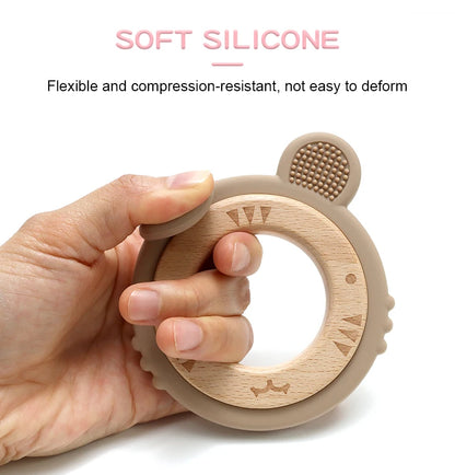 1 anneau de dentition en silicone pour bébé, sans BPA, mignon, dessin animé, pendentif tigre, jouet de dentition, anneau en bois, accessoires à mâcher, jouets pour bébé