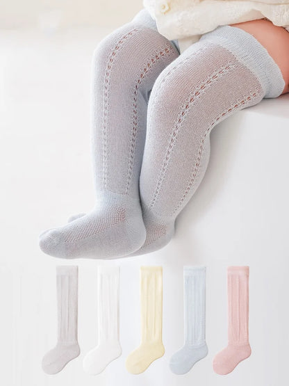 Lot de 5 paires de chaussettes longues ajourées pour bébé, en maille respirante, en coton, princesse, sans os, montantes, fines, pour nouveau-né, de 0 à 2 ans