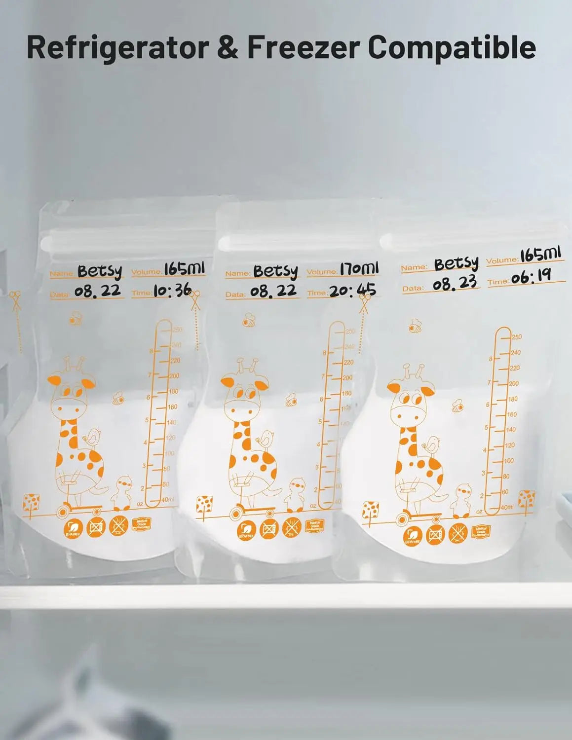 Sachets de conservation du lait maternel PE Giraffe, 250 ml, 30 pièces/60 pièces par paquet, étiquettes pré-adhésives, sans BPA, étanches,
