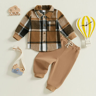 Ensemble 2 pièces pour bébé garçon de 1 à 5 ans, vêtements d'automne à carreaux, chemise à manches longues et pantalon à bande élastique