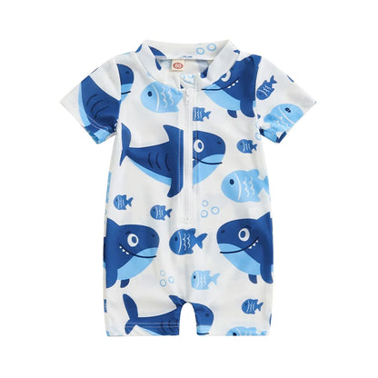 Maillot de bain anti-éruption pour tout-petit garçon, barboteuse à fermeture éclair et manches courtes, imprimé baleine/dinosaure, maillot de bain pour bébé, 3 mois à 3 ans