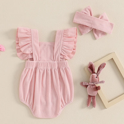 Barboteuse pour bébé fille, vêtements de Pâques, broderie lapin, manches volantées, body pour bébé, combinaisons avec bandeau