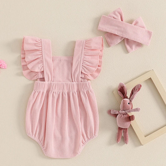 Barboteuse pour bébé fille, vêtements de Pâques, broderie lapin, manches volantées, body pour bébé, combinaisons avec bandeau