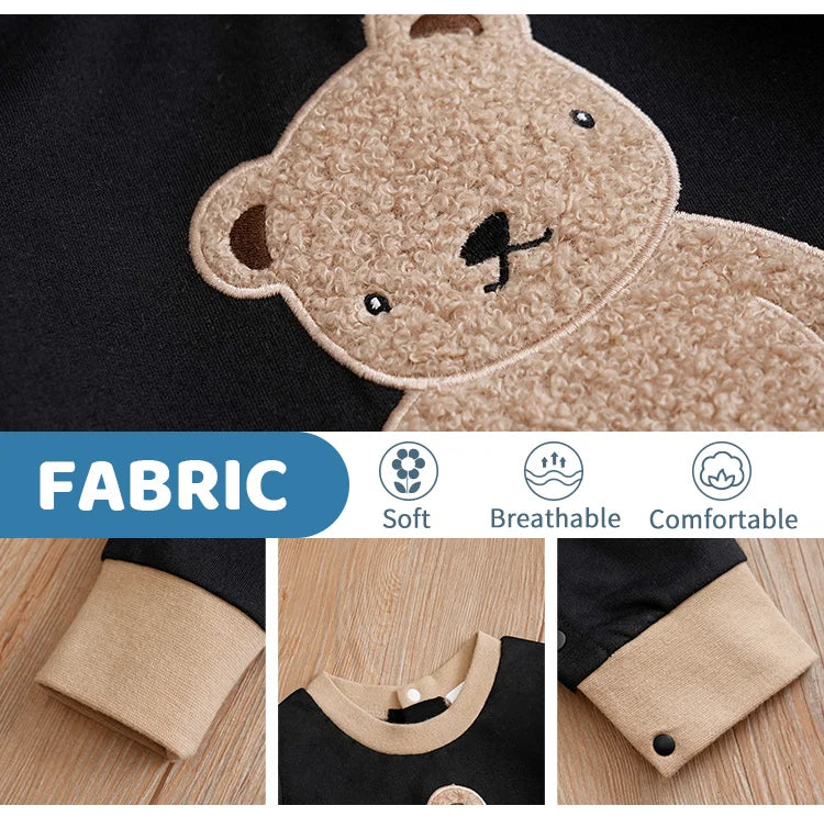 Body bébé à manches longues et courtes brodé en peluche pour garçons et filles, motif ours en peluche mignon, printemps et automne