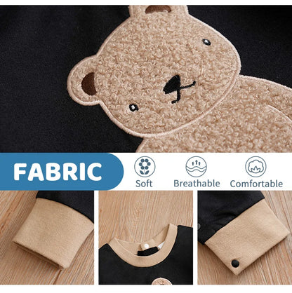 Body bébé à manches longues et courtes brodé en peluche pour garçons et filles, motif ours en peluche mignon, printemps et automne