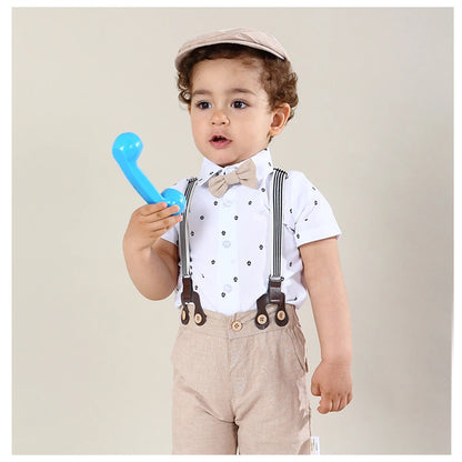 Ensembles de vêtements pour bébés garçons, 3 pièces, chemise à nœud papillon, barboteuse, pantalon et chapeau, robe pour nouveau-né, costume de fête pour homme