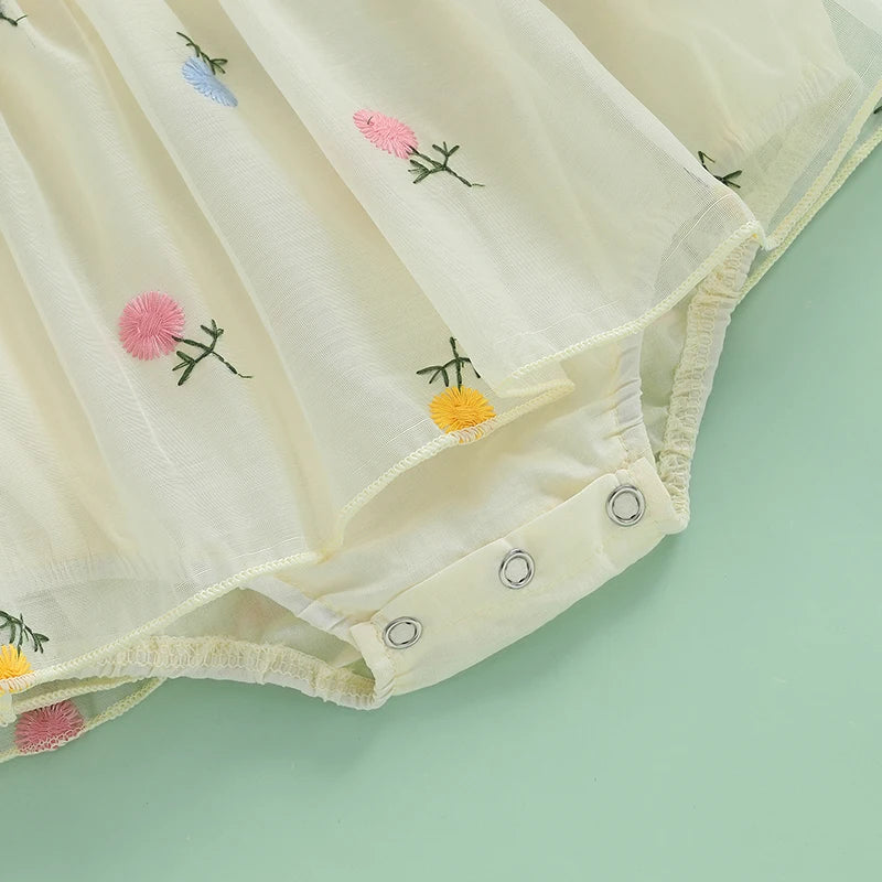 Vêtements pour nouveau-nés et nourrissons, barboteuse d'été pour bébés filles, manches volantées, broderie florale, combinaison avec bandeau