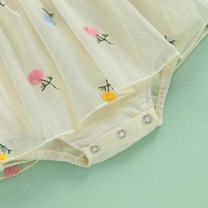 Vêtements pour nouveau-nés et nourrissons, barboteuse d'été pour bébés filles, manches volantées, broderie florale, combinaison avec bandeau