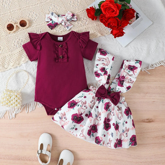 Ensemble d'été pour bébé fille, combinaison couleur unie, jupe à bretelles imprimée lapin et bandeau, pour bébés filles de 0 à 18 mois