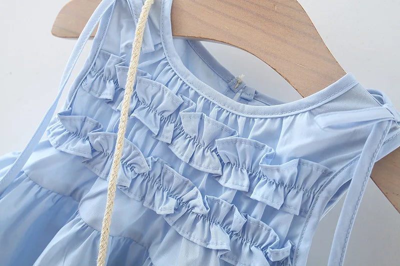 Robe d'été pour bébé fille, tenue de plage, style coréen, simple, bleue, sans manches, pour enfant, paquet gratuit (9 mois à 3 ans)