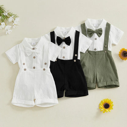 Ensemble 3 pièces pour bébé garçon, barboteuse à manches courtes et col à revers, couleur unie, avec short à bretelles et nœud papillon