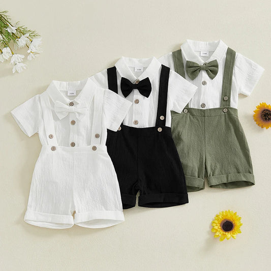 Ensemble 3 pièces pour bébé garçon, barboteuse à manches courtes et col à revers, couleur unie, avec short à bretelles et nœud papillon