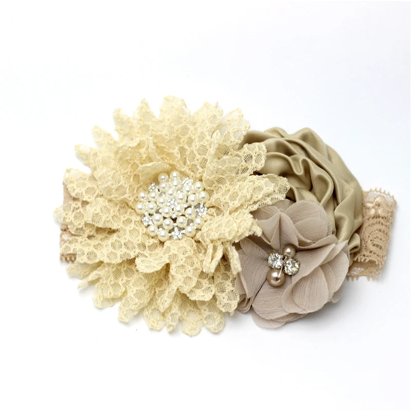 Baby Birthday Headband Photo Props Headwear Chiffon Flower with Diamond Lace Wide Headband for Baby Girls Headwrap Infant Turban