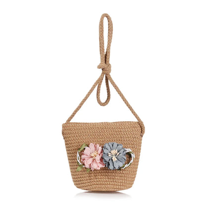 New Summer Kids Flower Caps Bag Girl Sandy Beach Hat Baby Coin Cute Weave Straw Purse Children's Messenger Backpack