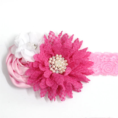 Baby Birthday Headband Photo Props Headwear Chiffon Flower with Diamond Lace Wide Headband for Baby Girls Headwrap Infant Turban