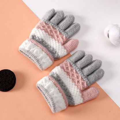 Winter Kindergarten Children Striped Split Finger Gloves Thick Warm Kids Knitted Glove 3-6year Boy Girl Baby Hand Warmer Mittens