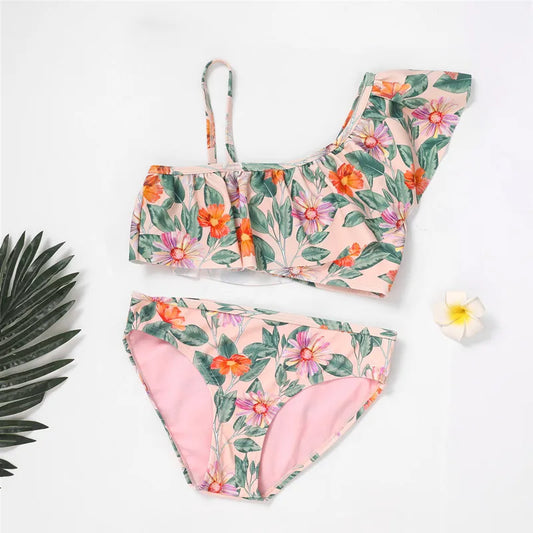 Maillots de bain pour filles TUONXYE, ensemble haut court à épaules dénudées et culotte à imprimé floral, bikini pour enfants, vêtements de plage
