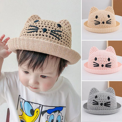 Summer Baby Straw Hat Cute Cat Ear Infant Toddler Mesh Breathable Bucket Hat Outdoor Beach Boy Girl Panama Sun Cap