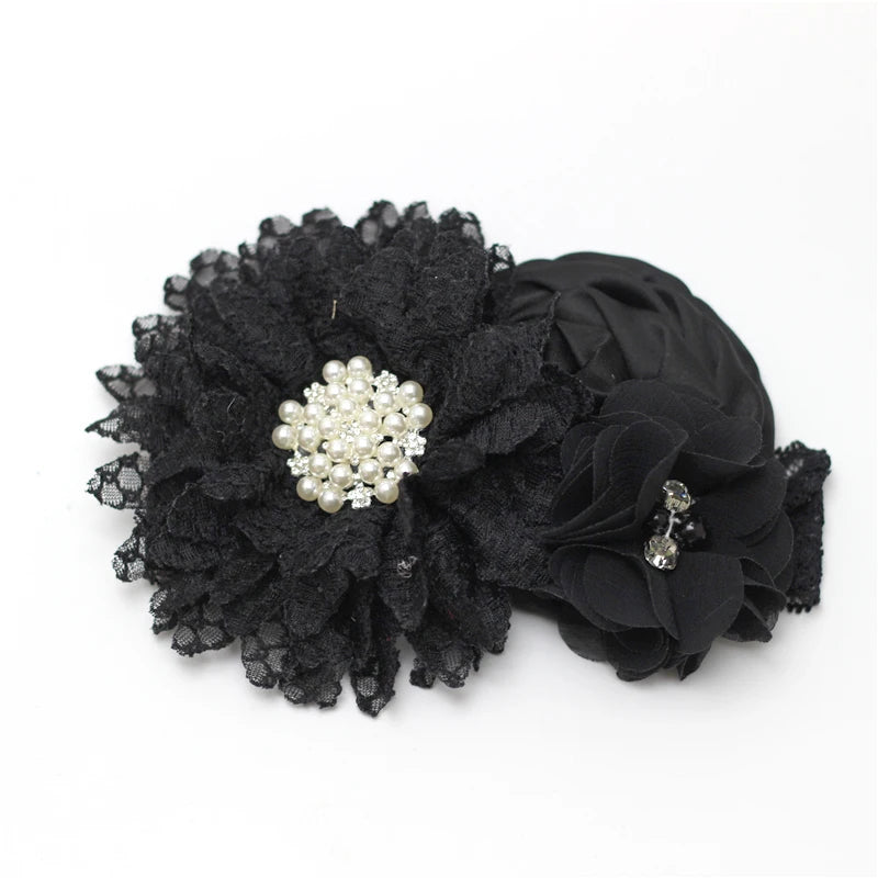 Baby Birthday Headband Photo Props Headwear Chiffon Flower with Diamond Lace Wide Headband for Baby Girls Headwrap Infant Turban