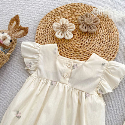 Barboteuse d'été pour bébé fille, manches volantées, vêtements en dentelle douce, barboteuse pour nouveau-né, combinaison pour fille, fleurs brodées, barboteuse pour bébé
