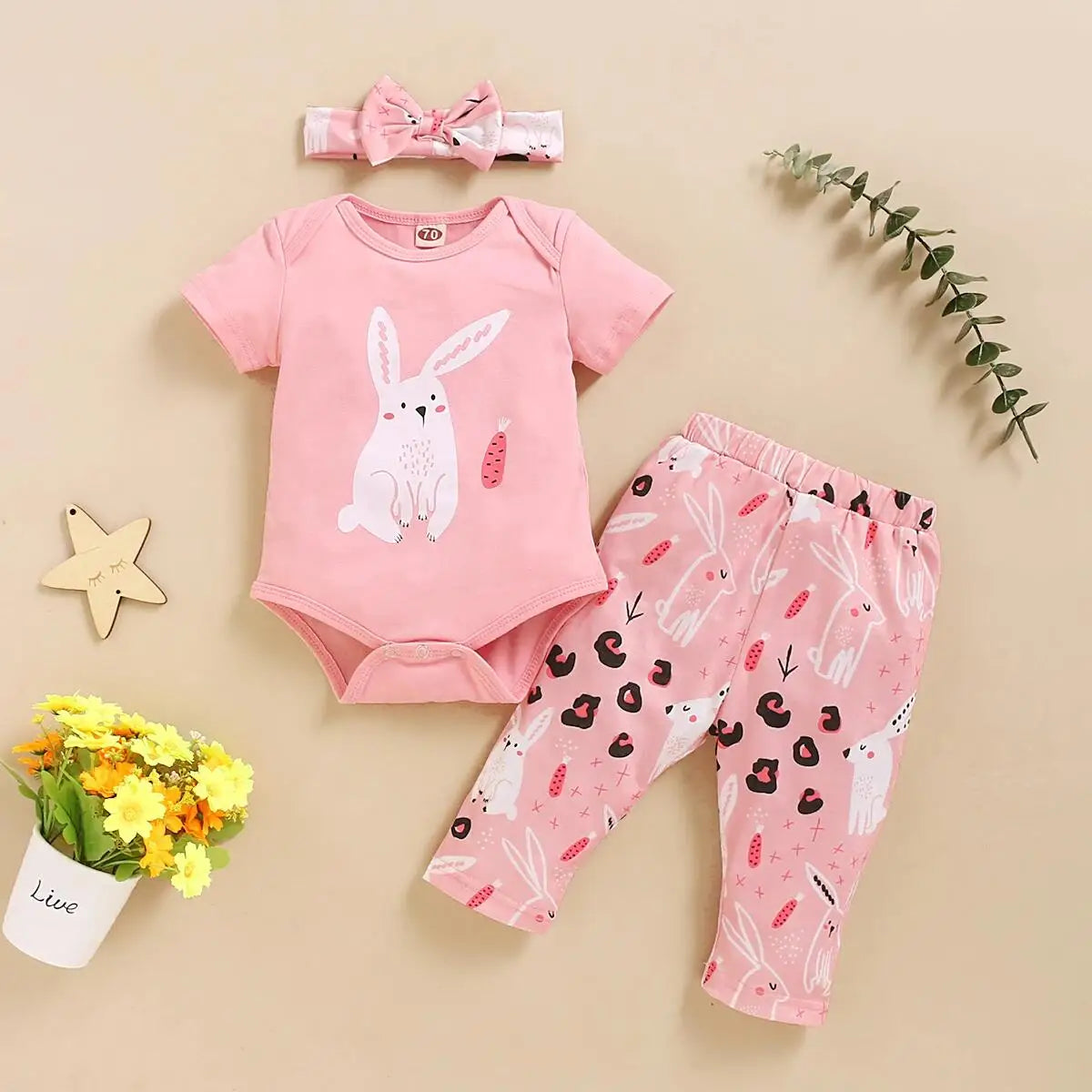 Ensemble 3 pièces pour nouveau-né fille, barboteuse à imprimé lapin + pantalon avec nœud papillon, tenue d'été décontractée