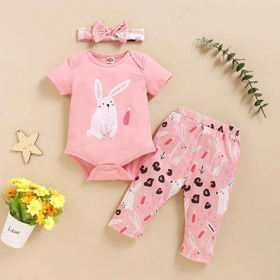 Ensemble 3 pièces pour nouveau-né fille, barboteuse à imprimé lapin + pantalon avec nœud papillon, tenue d'été décontractée