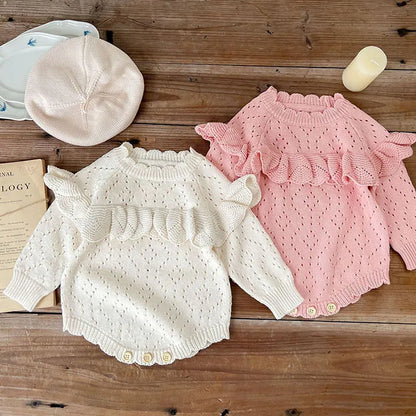 Body tricoté pour nouveau-né fille, couleur unie, ajouré, manches longues, automne, printemps, combinaison tricotée pour bébé fille