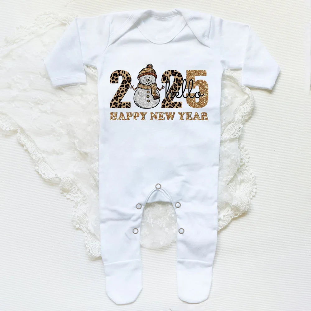 Combinaison de nuit imprimée Hello 2025 pour bébé, barboteuse, bonne année, nouveau-né, combinaison, pieds pour bébé, body à manches longues